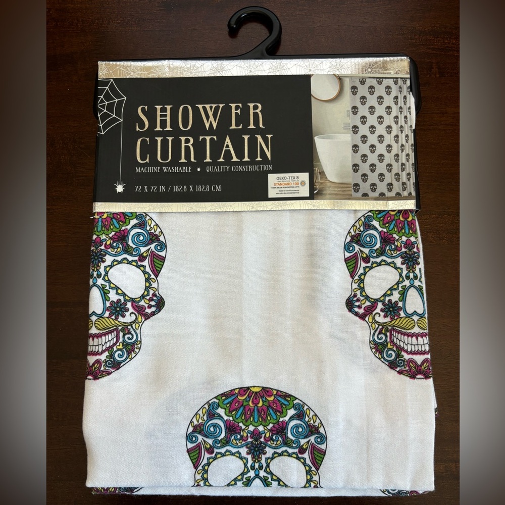 Halloween Shower Curtain - Skull Day of the Dead Color Print. New in Packaging